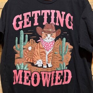 Getting Meowied Graphic Tee Black Cat Cowboy Western Desert Cactus Womens XL
